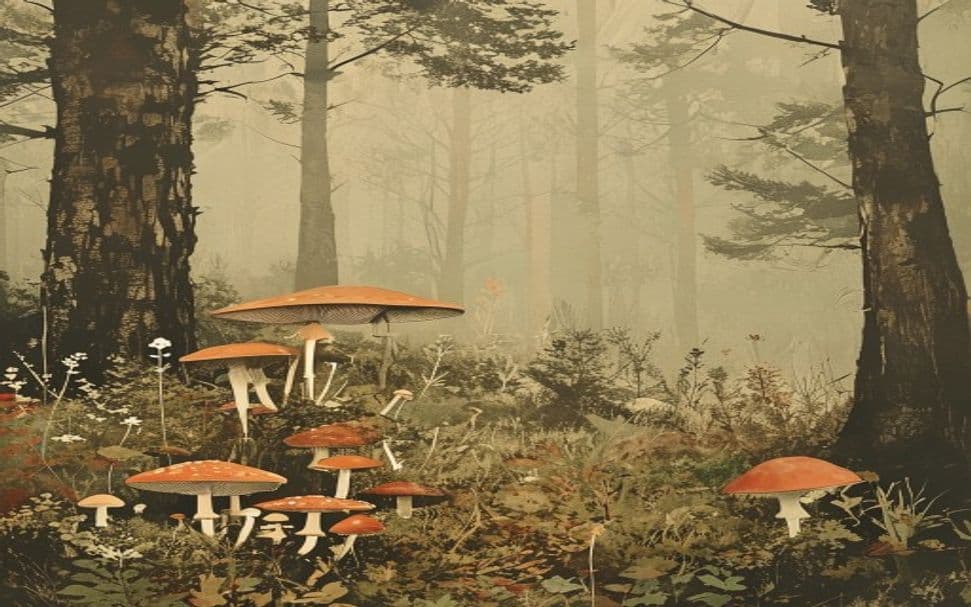 A photo of a forest in the Hudson Valley, with a subtle hint of psilocybe mushrooms