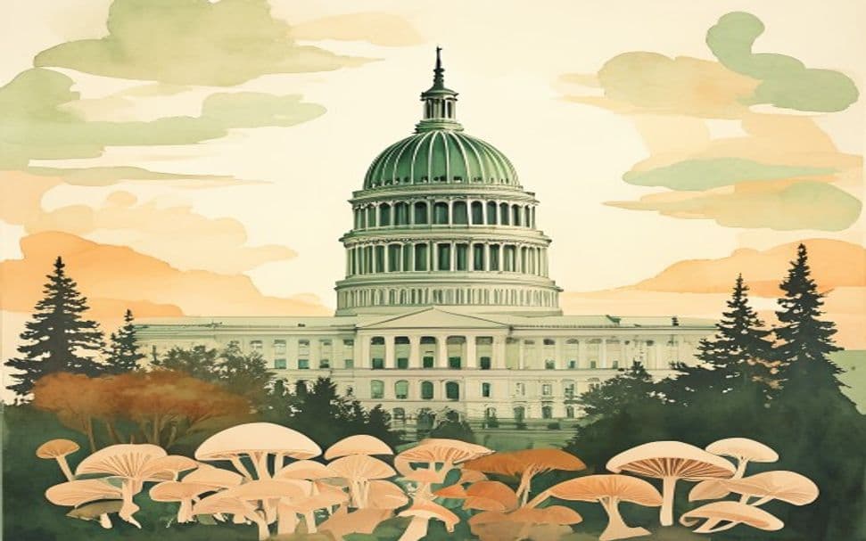 Editorial illustration of the Minnesota State Capitol in St. Paul with abstract psilocybin mushroom motifs — Minnesota psilocybin therapy bill 2026