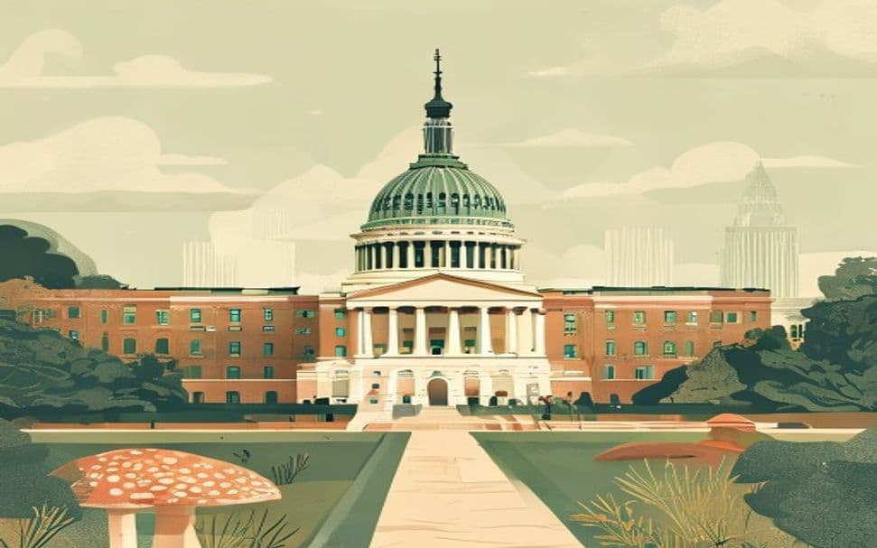 New York State Capitol building with a mushroom motif, representing psilocybin legal states