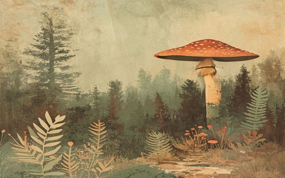 A San Diego cityscape with a mushroom in the foreground, representing the magic mushrooms case