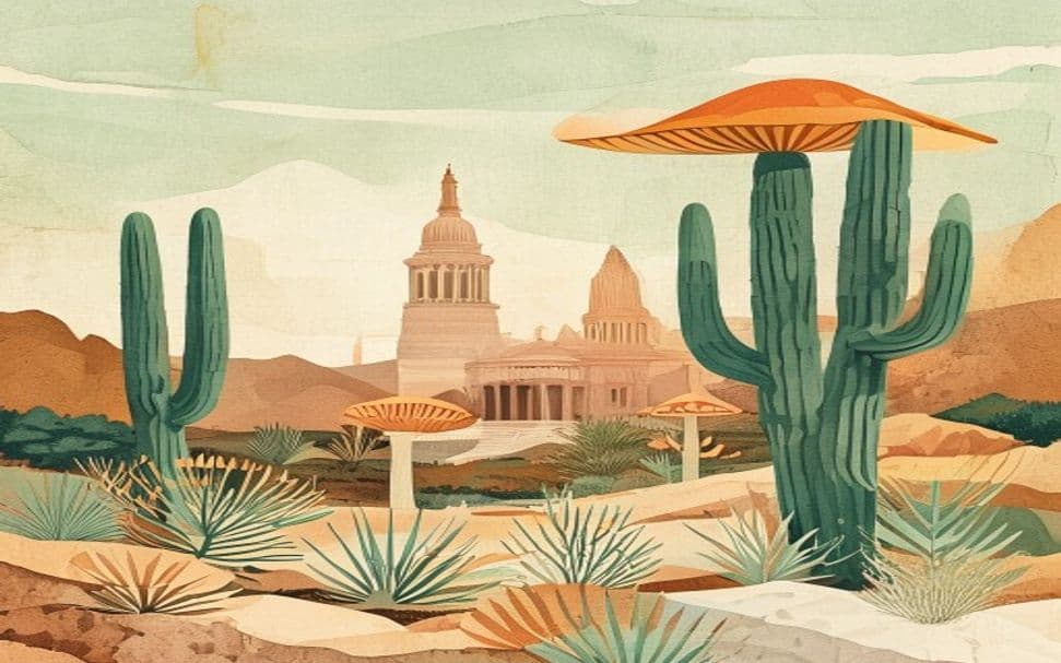 Arizona landmark illustration with psilocybin mushroom motifs - is psilocybin legal in Arizona