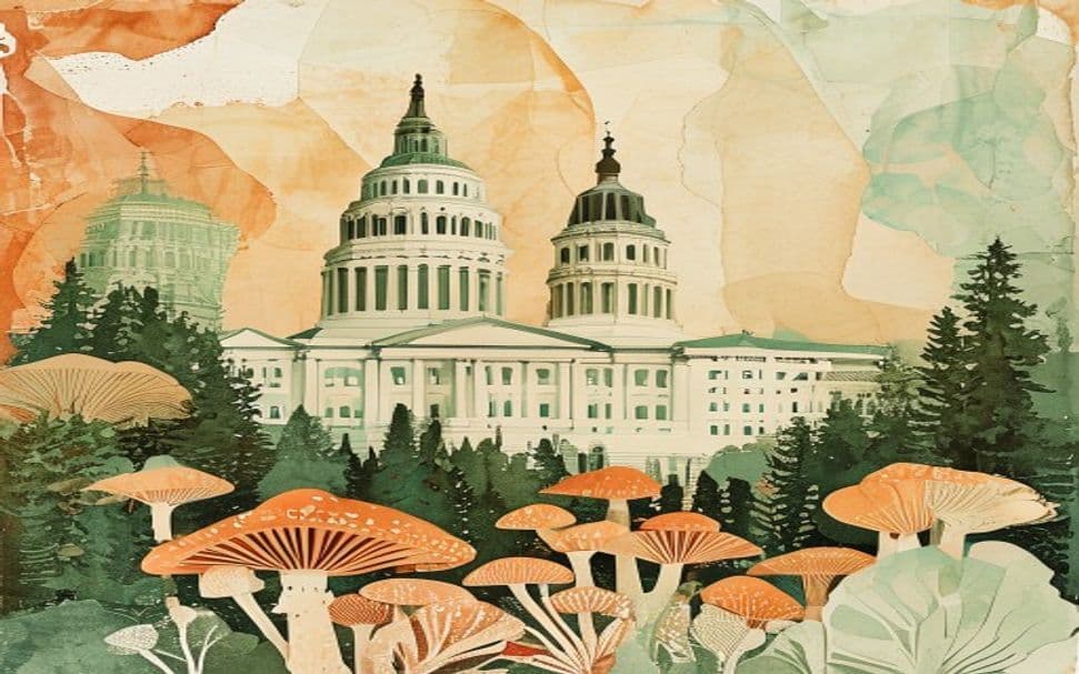 Colorado landmark illustration with psilocybin mushroom motifs - is psilocybin legal in Colorado