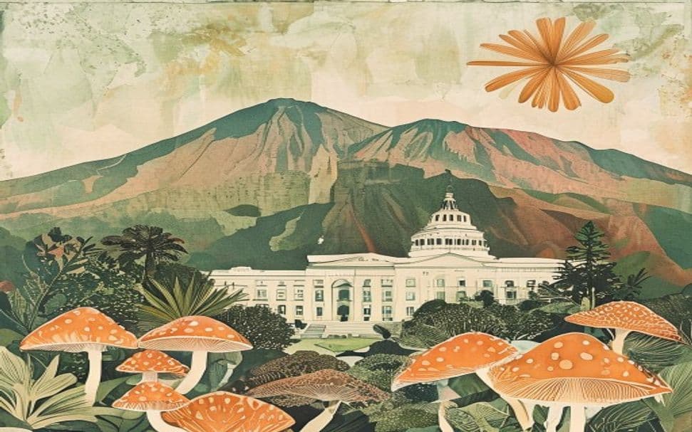 Hawaii landmark illustration with psilocybin mushroom motifs - is psilocybin legal in Hawaii