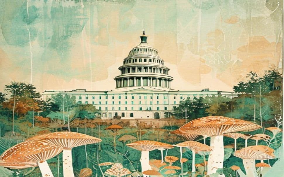 Illinois landmark illustration with psilocybin mushroom motifs - is psilocybin legal in Illinois
