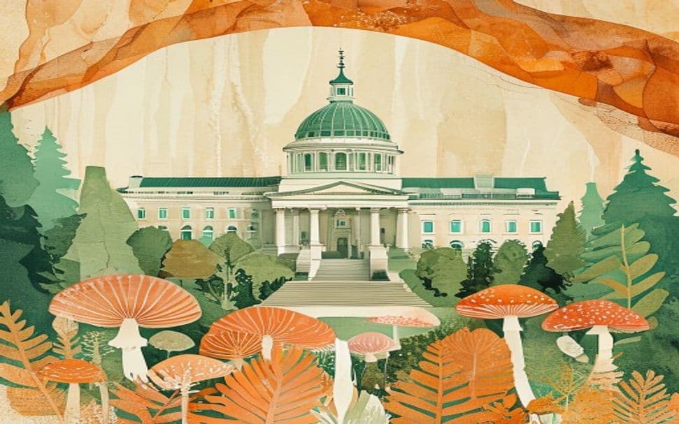 Massachusetts landmark illustration with psilocybin mushroom motifs - is psilocybin legal in Massachusetts