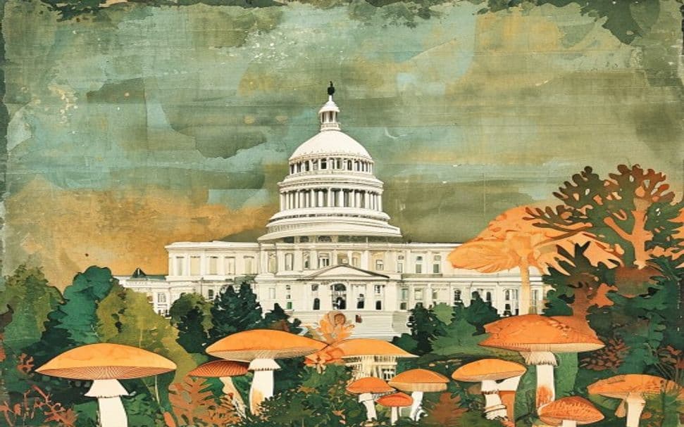 Michigan landmark illustration with psilocybin mushroom motifs - is psilocybin legal in Michigan