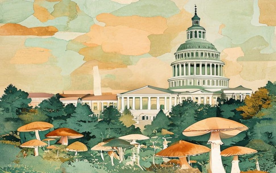 Minnesota landmark illustration with psilocybin mushroom motifs - is psilocybin legal in Minnesota