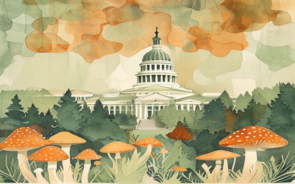 Missouri landmark illustration with psilocybin mushroom motifs - is psilocybin legal in Missouri