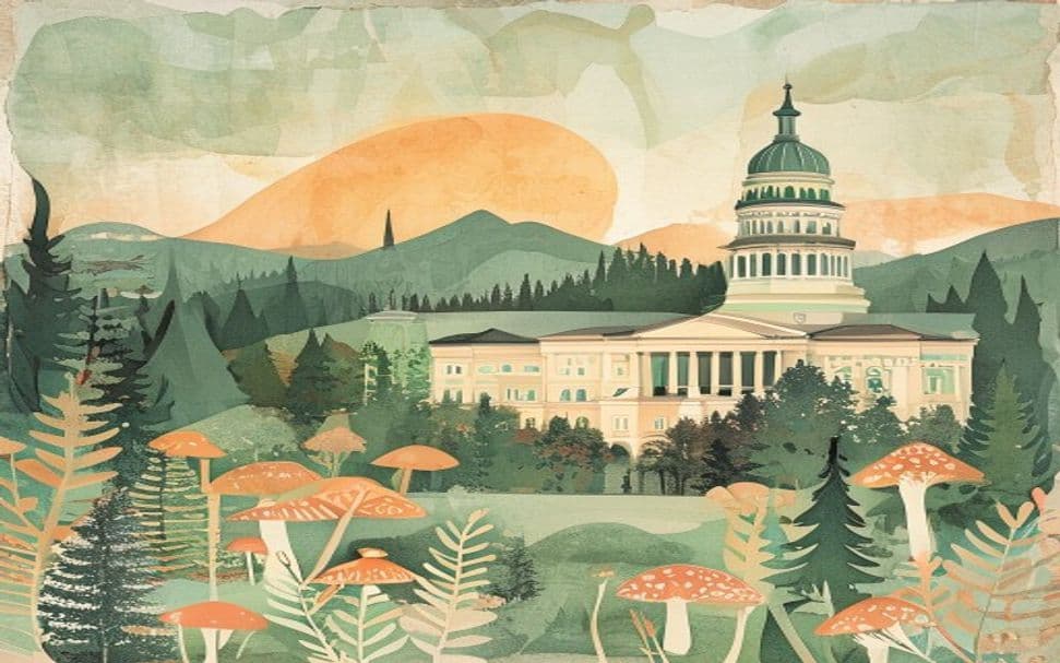 Montana landmark illustration with psilocybin mushroom motifs - is psilocybin legal in Montana