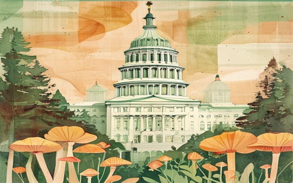 Nebraska landmark illustration with psilocybin mushroom motifs - is psilocybin legal in Nebraska