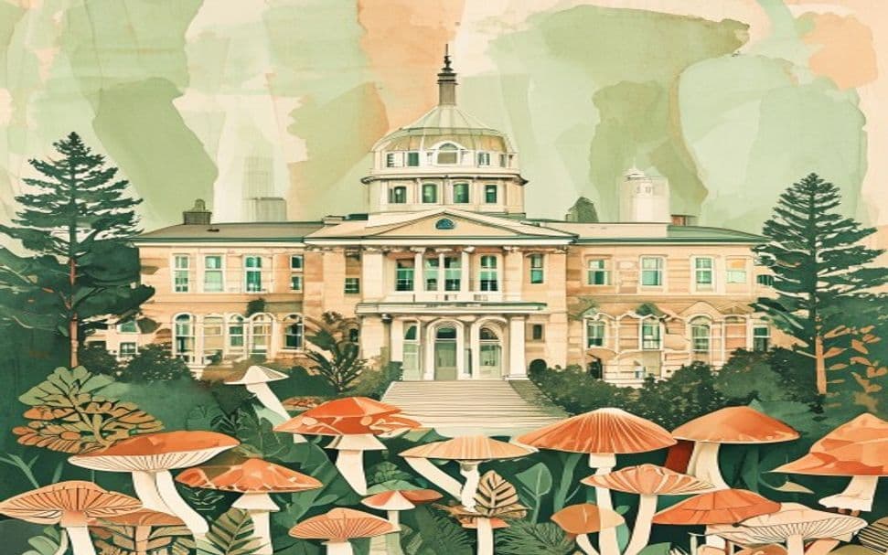 New Jersey landmark illustration with psilocybin mushroom motifs - is psilocybin legal in New Jersey