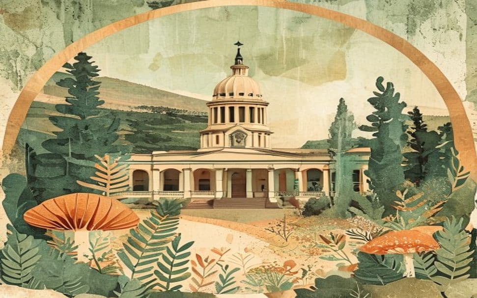New Mexico landmark illustration with psilocybin mushroom motifs - is psilocybin legal in New Mexico