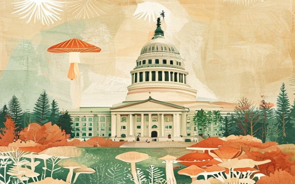 North Dakota landmark illustration with psilocybin mushroom motifs - is psilocybin legal in North Dakota