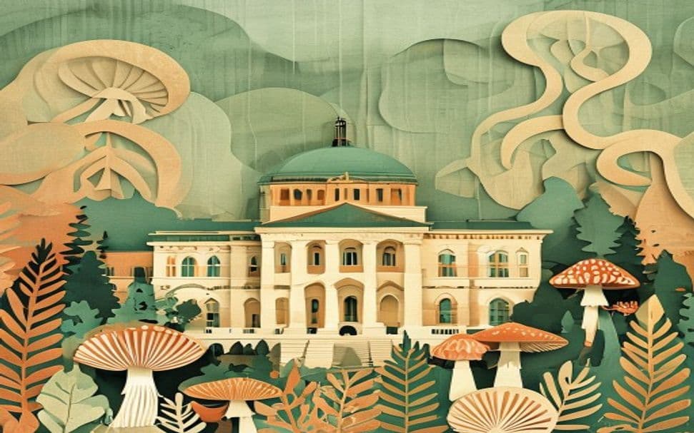 Ohio landmark illustration with psilocybin mushroom motifs - is psilocybin legal in Ohio
