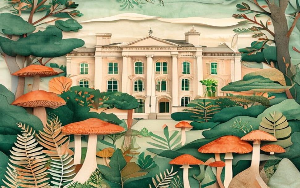 Rhode Island landmark illustration with psilocybin mushroom motifs - is psilocybin legal in Rhode Island