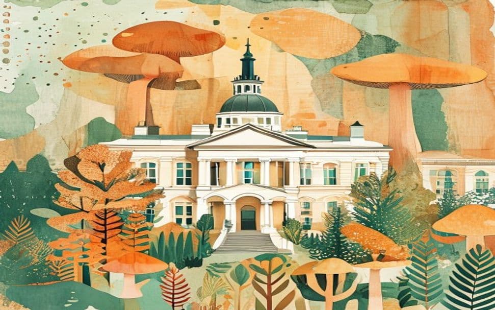 South Carolina landmark illustration with psilocybin mushroom motifs - is psilocybin legal in South Carolina
