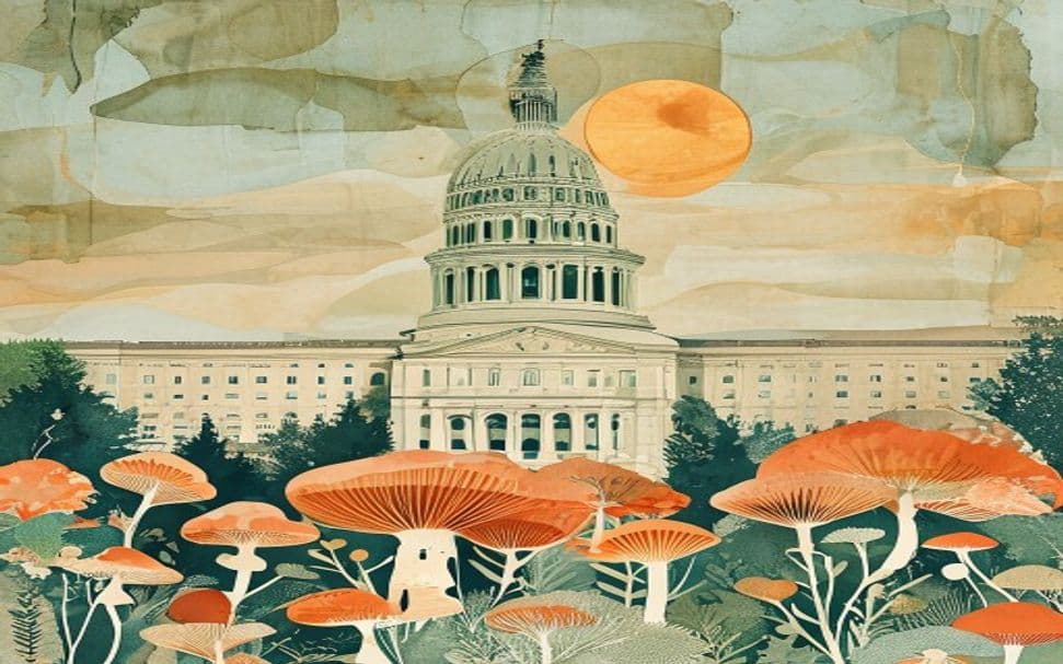 Utah landmark illustration with psilocybin mushroom motifs - is psilocybin legal in Utah