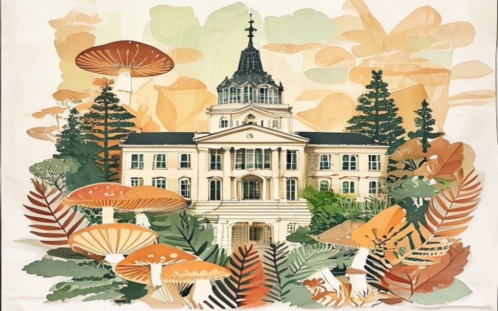Vermont landmark illustration with psilocybin mushroom motifs - is psilocybin legal in Vermont