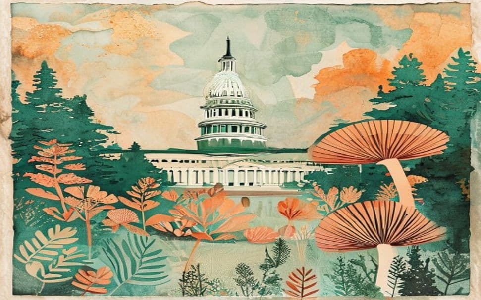 Washington landmark illustration with psilocybin mushroom motifs - is psilocybin legal in Washington