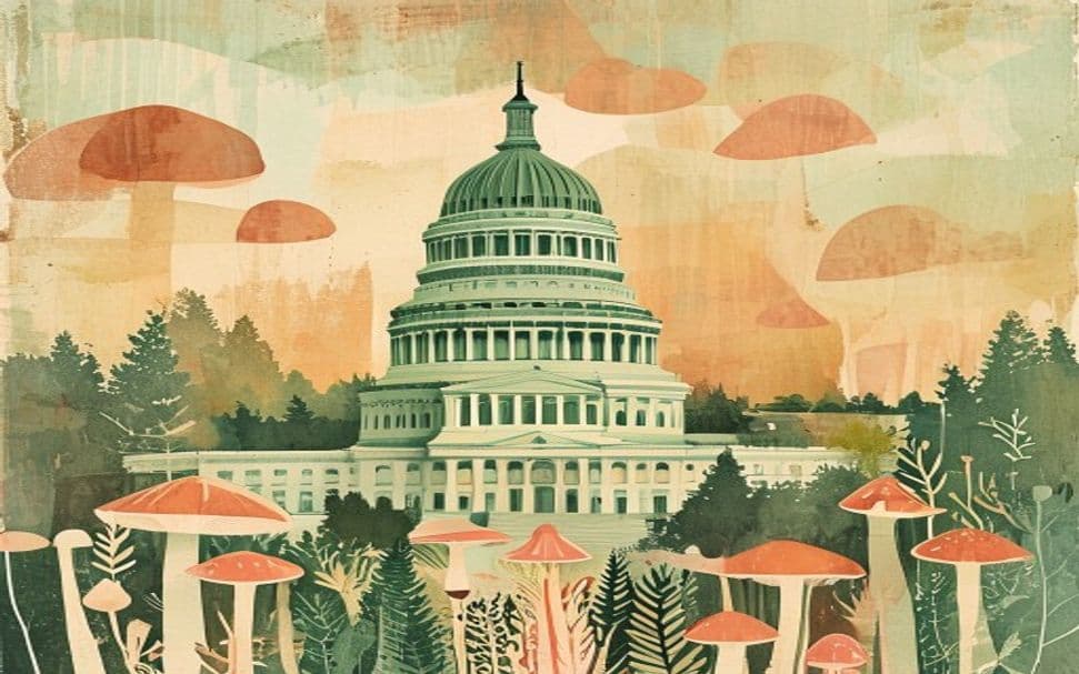 Wisconsin landmark illustration with psilocybin mushroom motifs - is psilocybin legal in Wisconsin