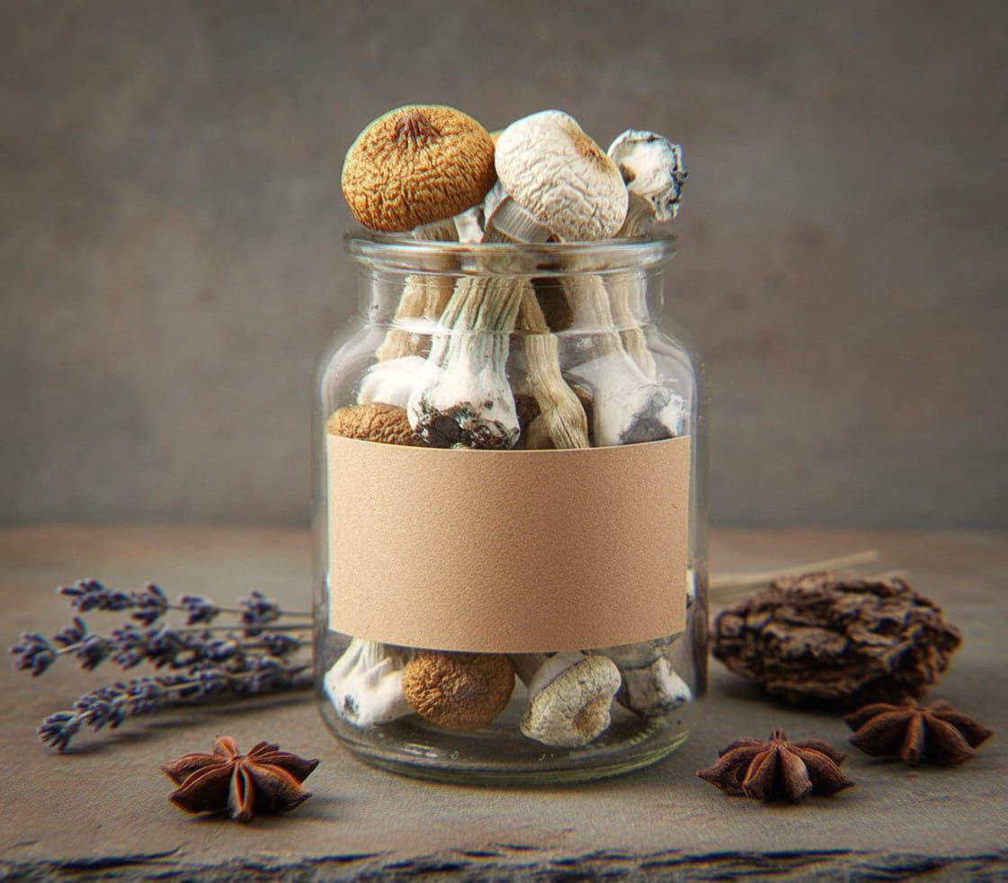 Dried Albino A+ mushrooms in an apothecary jar — MicroDose IQ strain guide