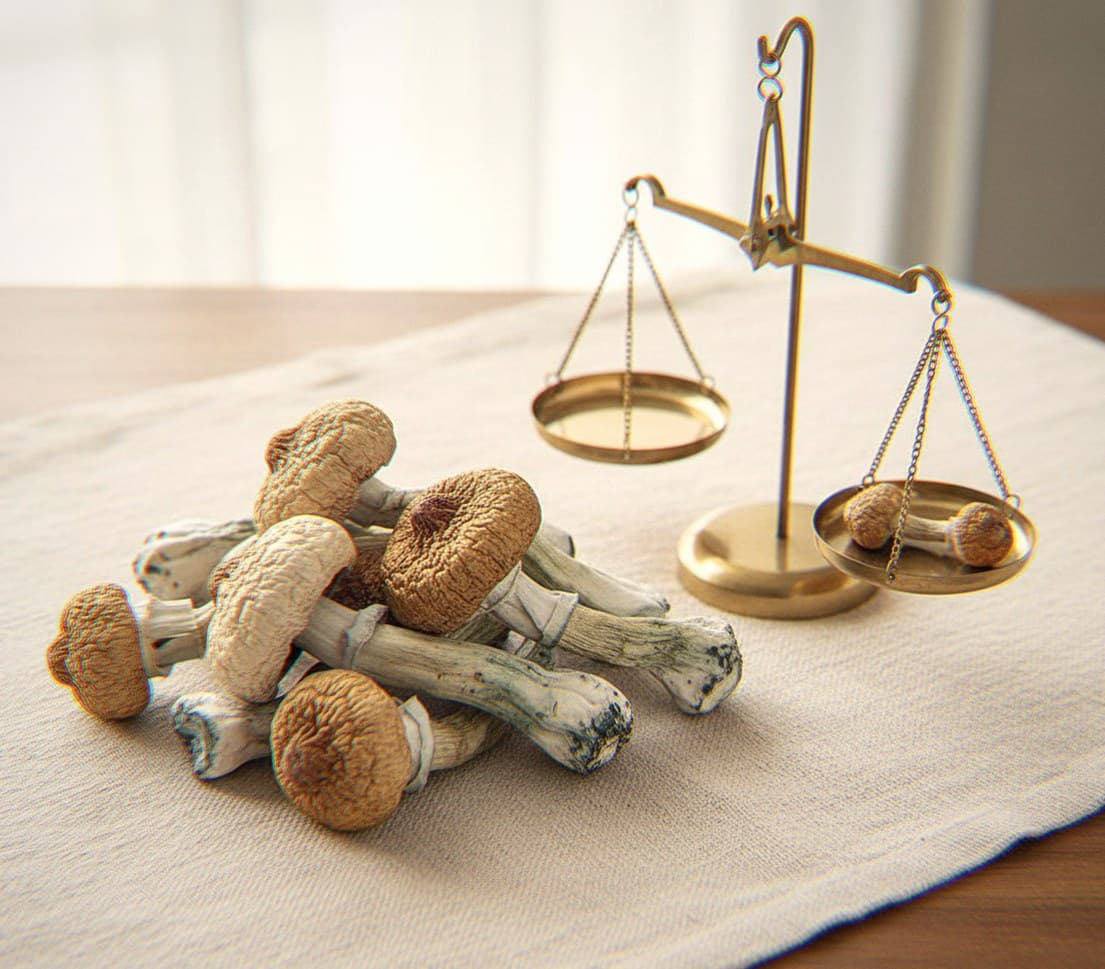 Dried Albino A+ mushrooms portioned beside an apothecary scale (Psilocybe cubensis)