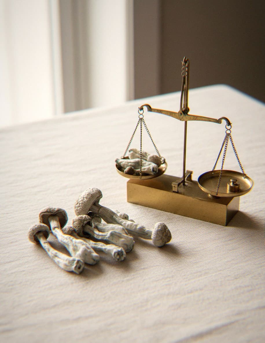 Dried Albino Penis Envy mushrooms portioned beside an apothecary scale (Psilocybe cubensis)