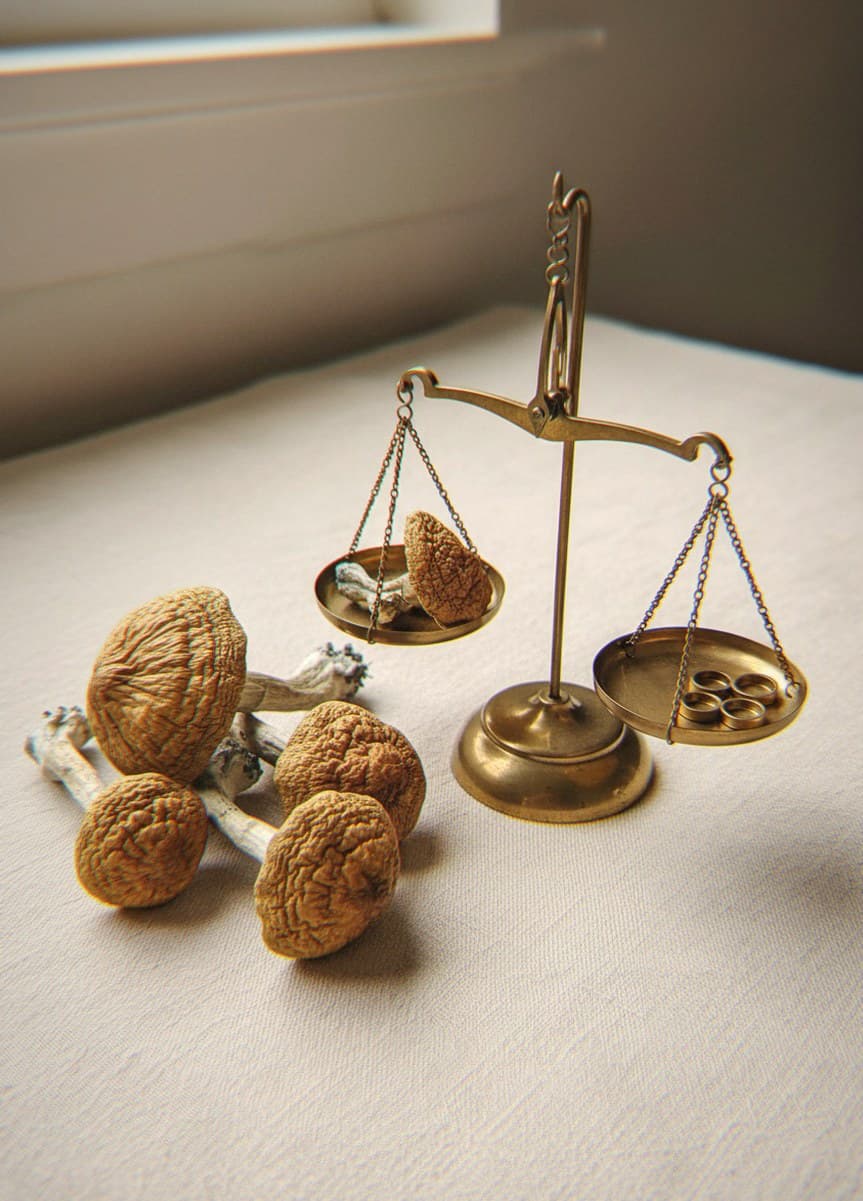 Dried Alcabenzi mushrooms portioned beside an apothecary scale (Psilocybe cubensis)