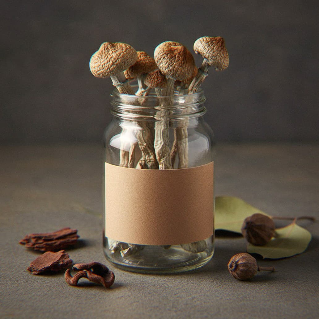 Dried Amazonian mushrooms in an apothecary jar — MicroDose IQ strain guide