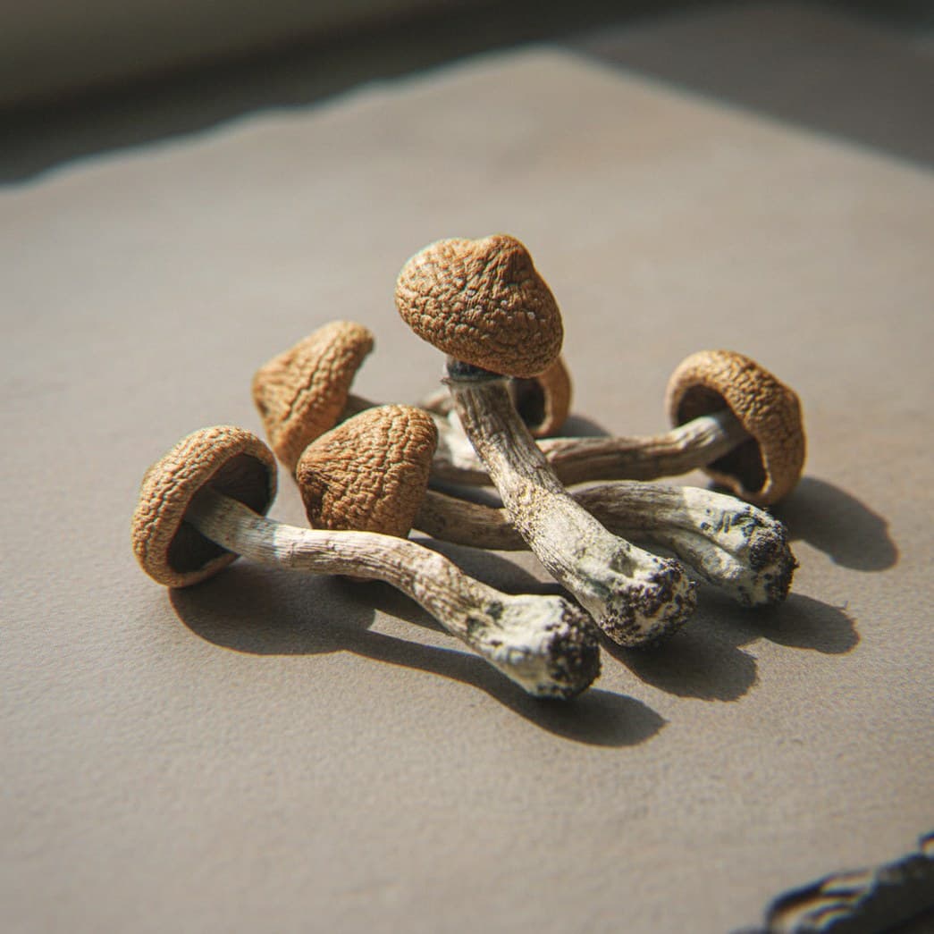 Dried Amazonian psilocybin mushrooms (Psilocybe cubensis) — large brown caps with white spots when young