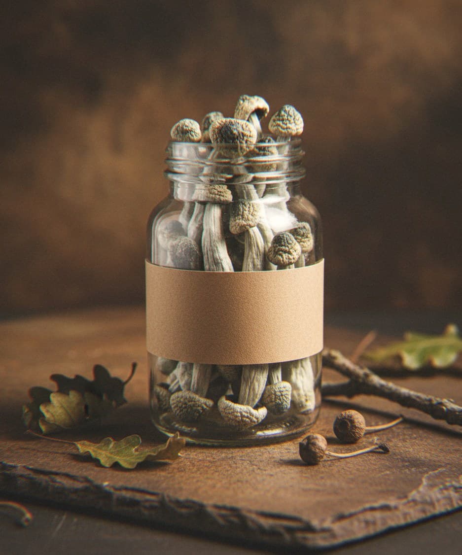 Dried APES (Albino Penis Envy Swab) mushrooms in an apothecary jar — MicroDose IQ strain guide