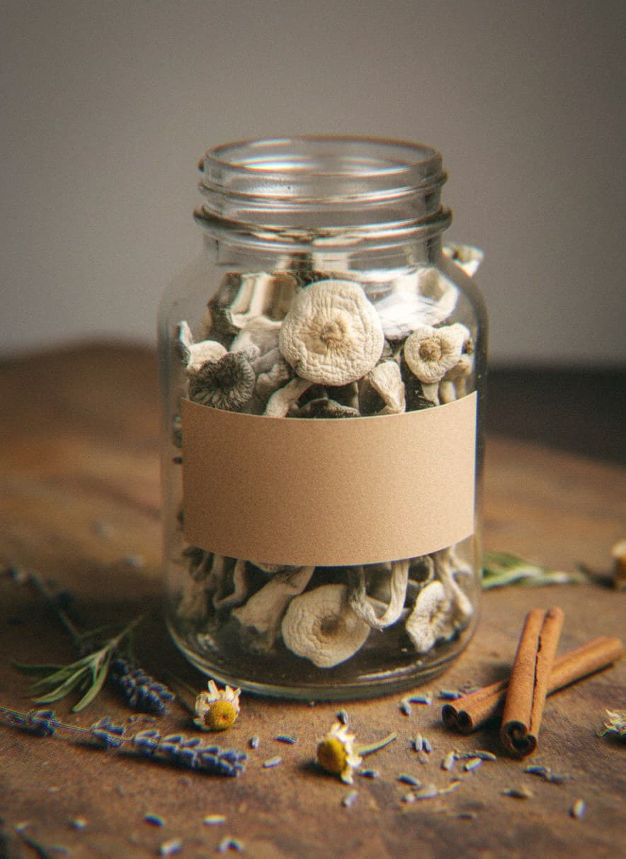 Dried Avery's Albino mushrooms in an apothecary jar — MicroDose IQ strain guide