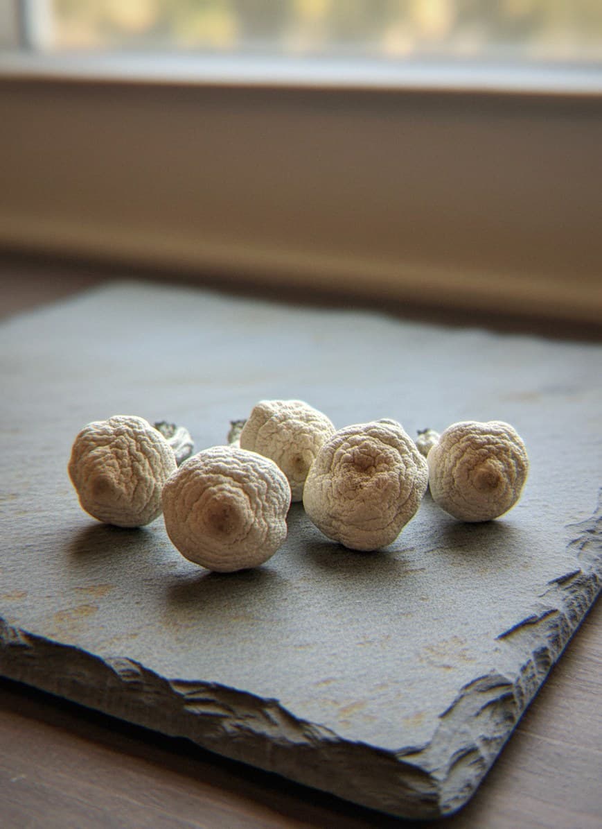 Dried Avery's Albino psilocybin mushrooms (Psilocybe cubensis) — small