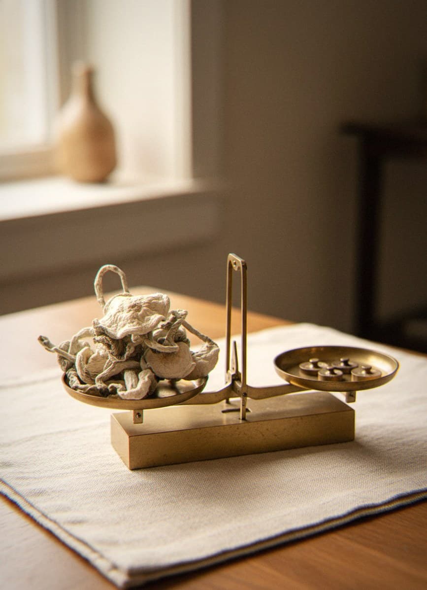 Dried Avery's Albino mushrooms portioned beside an apothecary scale (Psilocybe cubensis)