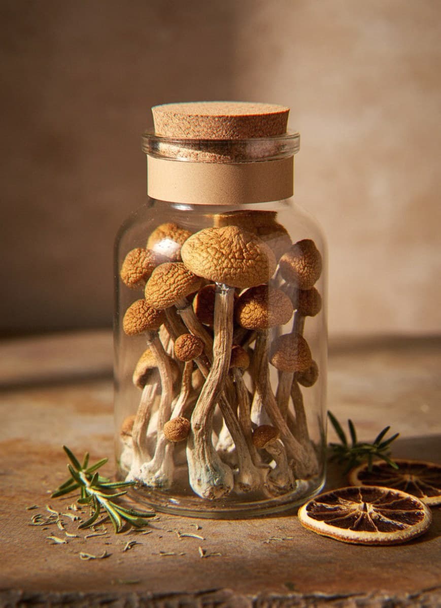 Dried B+ mushrooms in an apothecary jar — MicroDose IQ strain guide