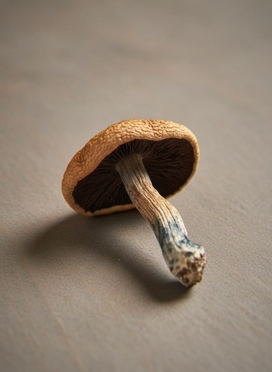 Macro close-up of a dried B+ mushroom cap and stem (Psilocybe cubensis)