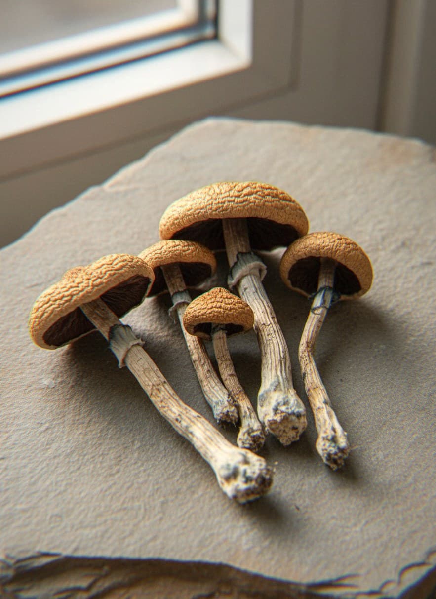 Dried B+ psilocybin mushrooms (Psilocybe cubensis) — large caramel-brown caps