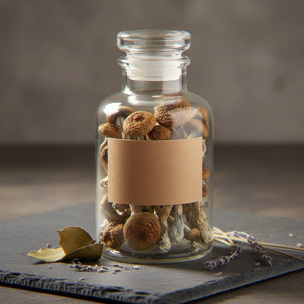 Dried Blue Meanie (Cubensis) mushrooms in an apothecary jar — MicroDose IQ strain guide