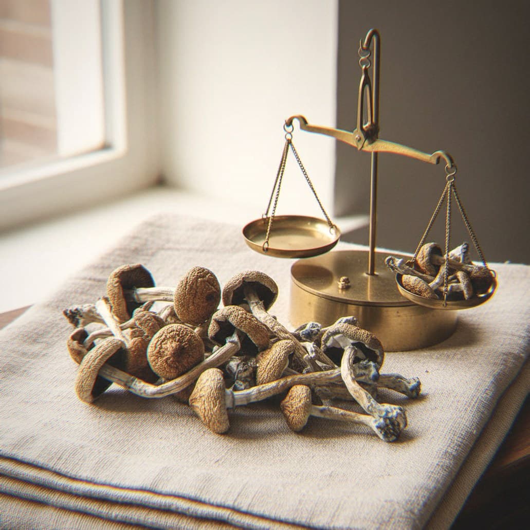 Dried Blue Meanie (Cubensis) mushrooms portioned beside an apothecary scale (Psilocybe cubensis)