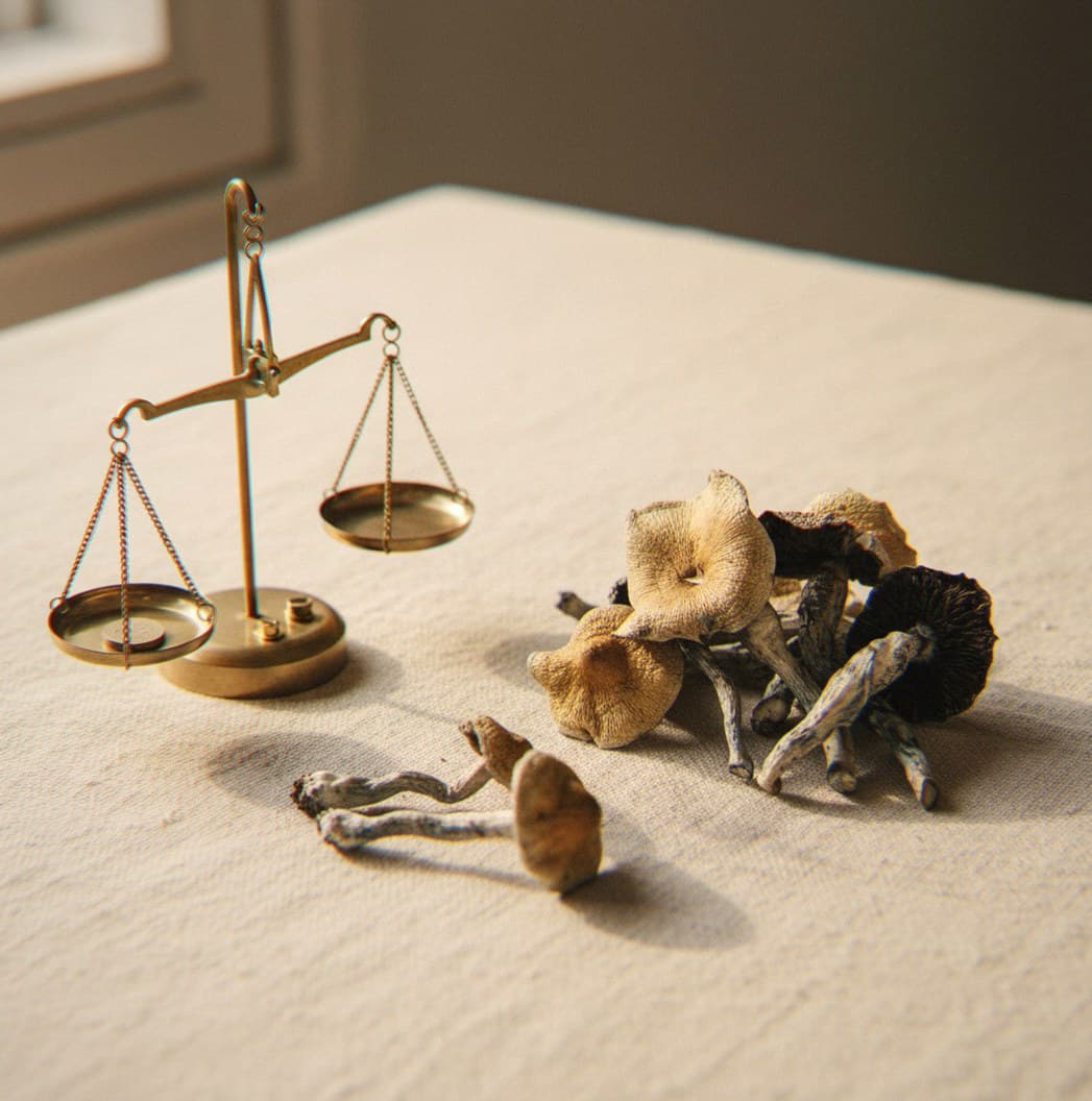 Dried Burma mushrooms portioned beside an apothecary scale (Psilocybe cubensis)