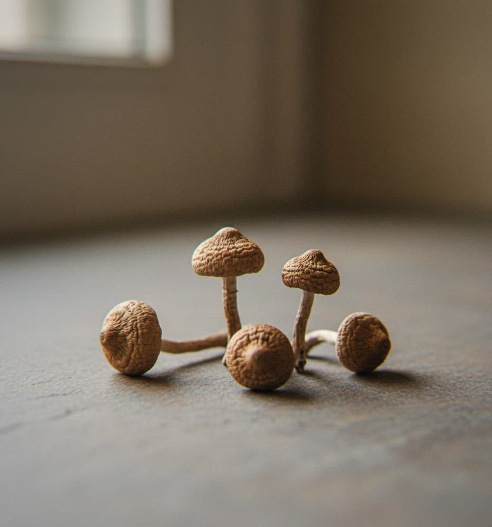 Dried Cambodia psilocybin mushrooms (Psilocybe cubensis) — small to medium mushrooms with pale brown caps