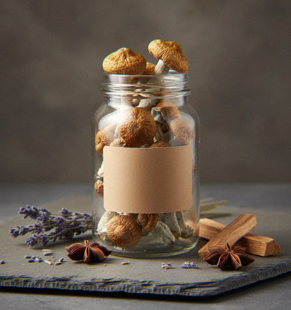 Dried Colombian mushrooms in an apothecary jar — MicroDose IQ strain guide