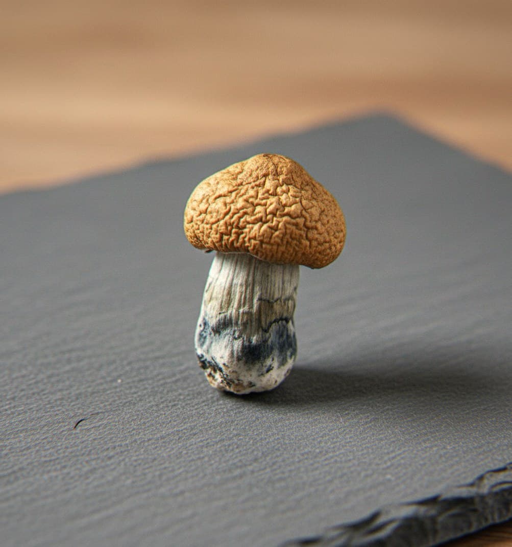 Macro close-up of a dried Colombian mushroom cap and stem (Psilocybe cubensis)