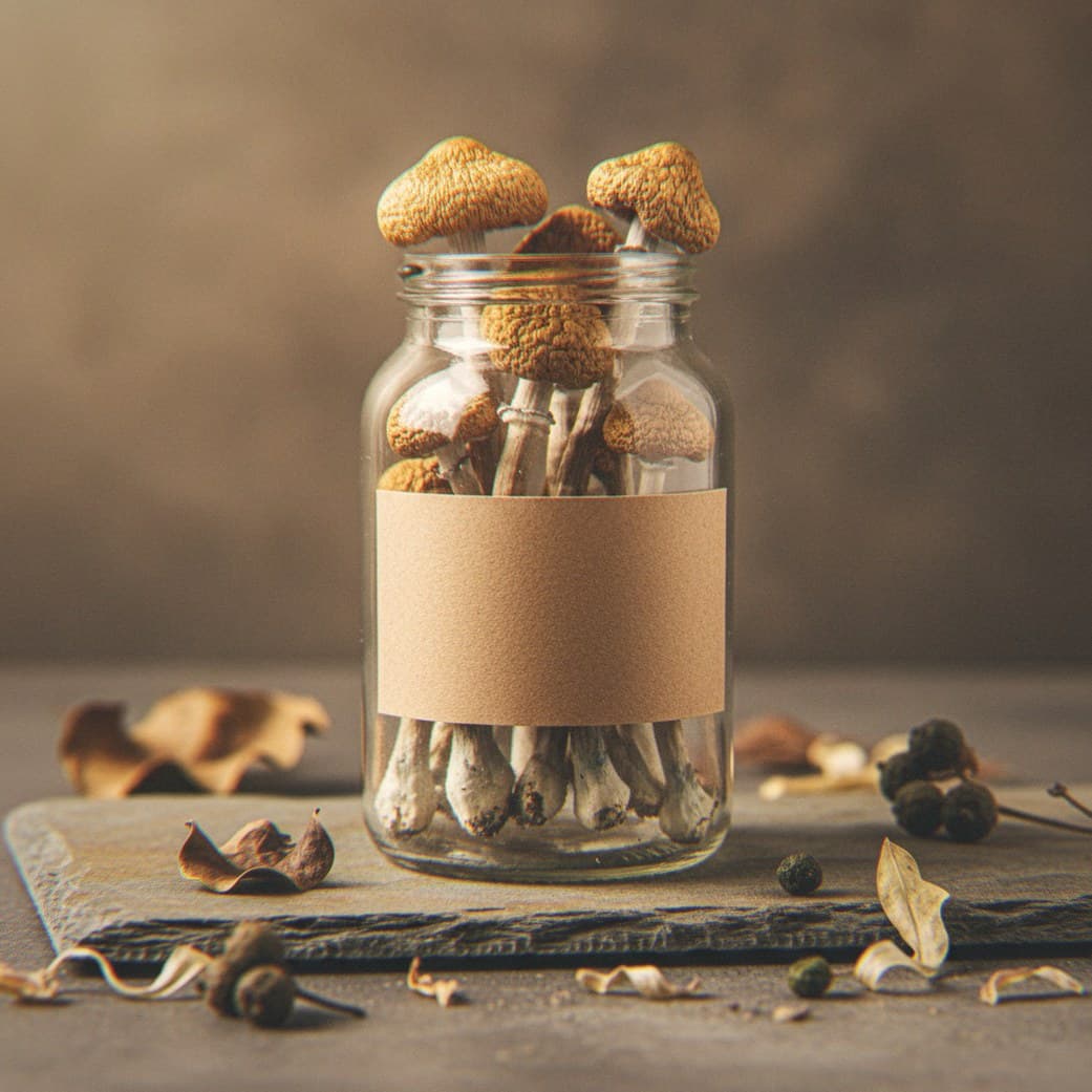 Dried Costa Rican mushrooms in an apothecary jar — MicroDose IQ strain guide
