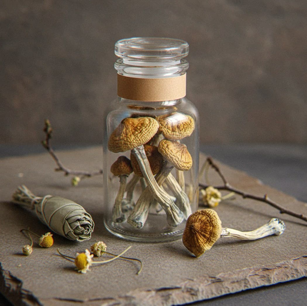 Dried Ecuadorian mushrooms in an apothecary jar — MicroDose IQ strain guide
