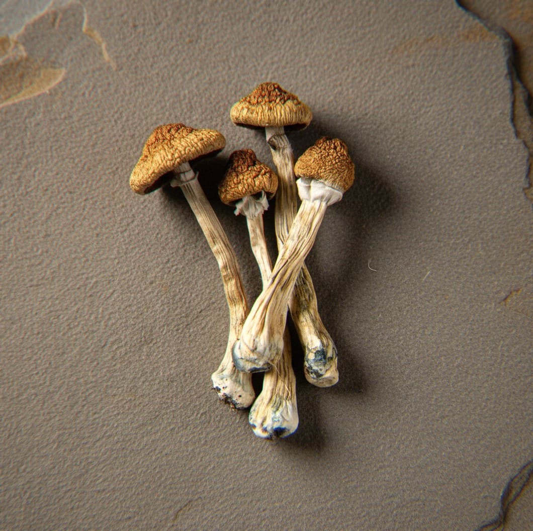 Dried Gandalf psilocybin mushrooms (Psilocybe cubensis) — tall
