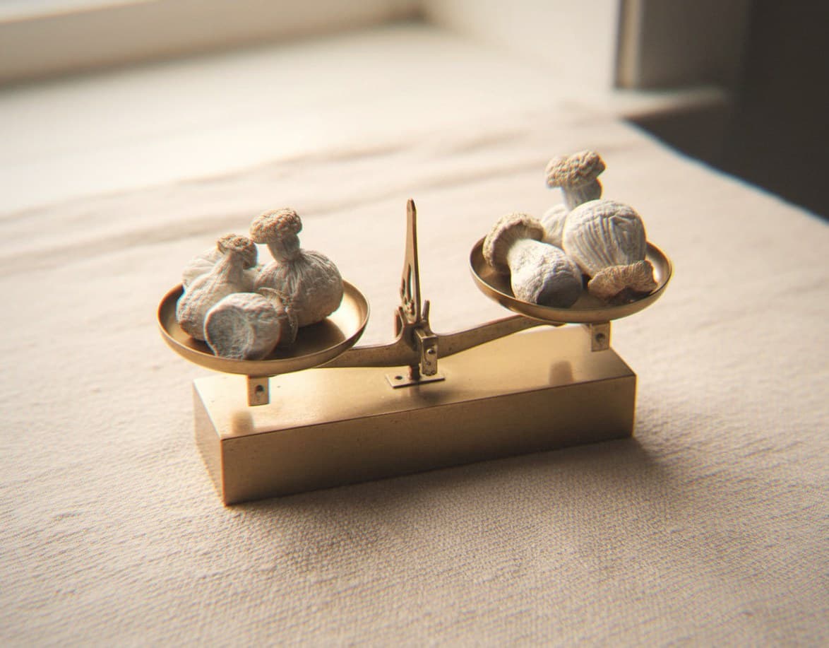 Dried Ghost mushrooms portioned beside an apothecary scale (Psilocybe cubensis)