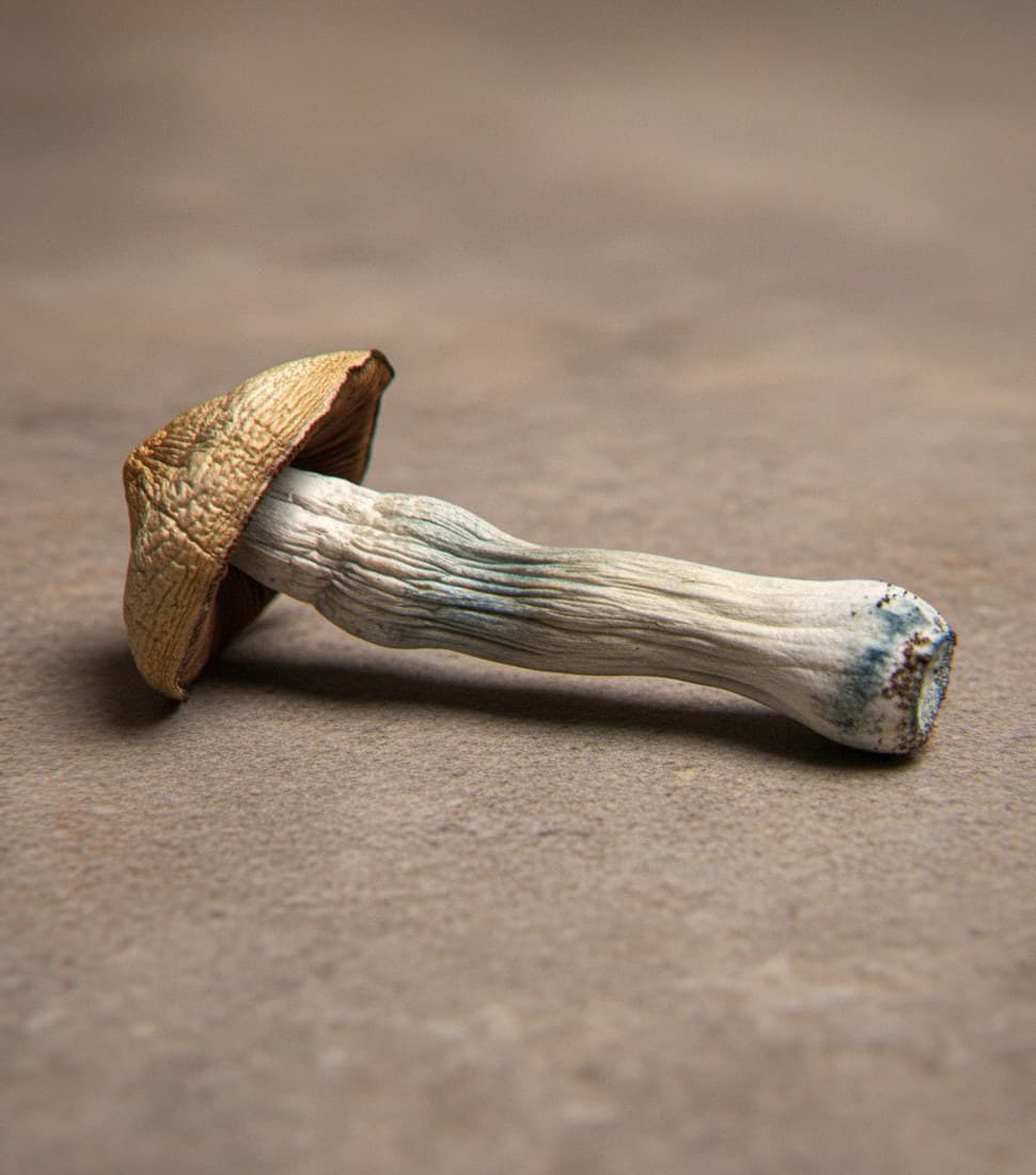 Macro close-up of a dried Golden Teacher mushroom cap and stem (Psilocybe cubensis)