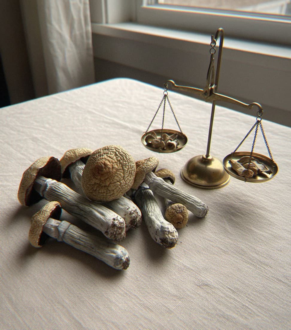 Dried Golden Teacher mushrooms portioned beside an apothecary scale (Psilocybe cubensis)