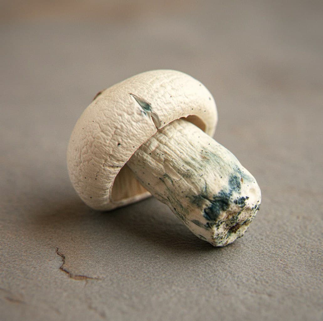 Macro close-up of a dried Great White Monster mushroom cap and stem (Psilocybe cubensis)